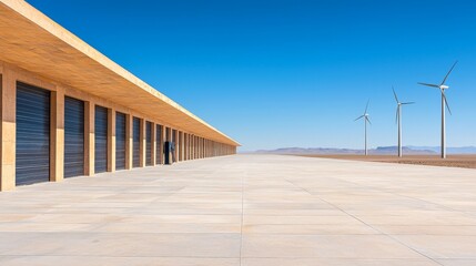 Green Technology and Sustainable Innovation for Eco-Friendly Solutions, Modern building with a long walkway and wind turbines against a clear blue sky.