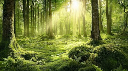 Obraz premium Sunlit Forest: A Tranquil Green Haven