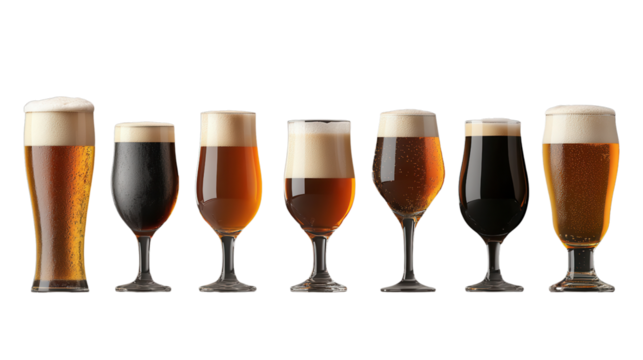 Variety of craft beer glasses with frothy tops aligned on a white background.