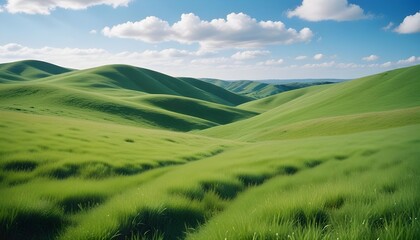 Fototapeta premium Serene rolling hills with lush grasslands bathed in warm sunlight