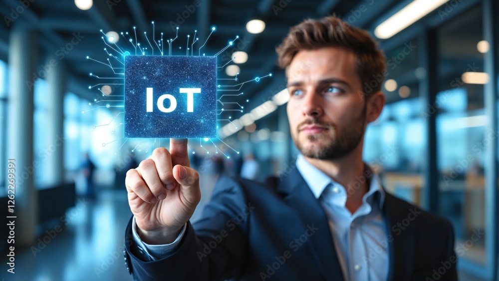 Poster Internet of things - IOT concept. Businessman offer IOT products and solutions. Young businessman select the abstract chip with text IoT on the virtual display