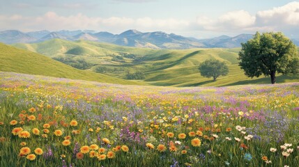 Spring meadow, rolling hills, wildflowers, sunny day, peaceful landscape, nature background