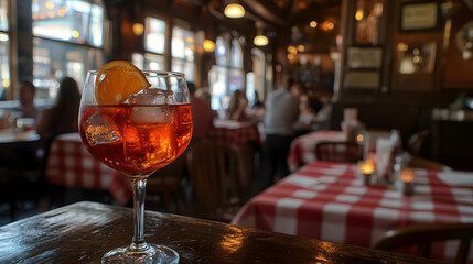 Aperol spritz cocktail in an elegant glass, sitting on the bar
