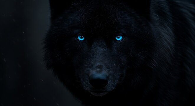 Majestic black wolf staring intently in the dark forest at dusk