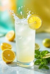 Fototapeta premium Refreshing lemonade splash with ice and lemons