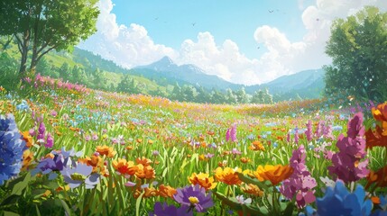 Obraz premium Vibrant Spring Meadow: A Serene Landscape of Colorful Blossoms