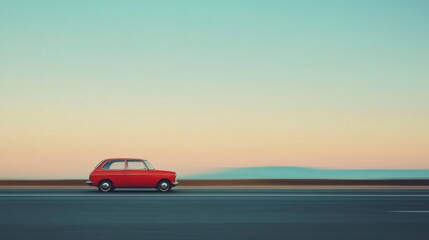 Fototapeta premium Red classic car driving on highway at sunset