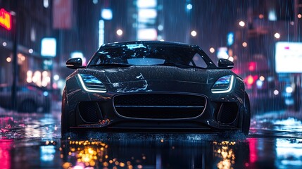 Sleek Sports Car Parked in Urban Rainy Night Scene