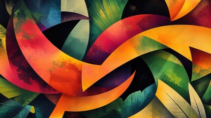 Fototapeta premium Vibrant Abstract Design with Colorful Curved Shapes and Leaves