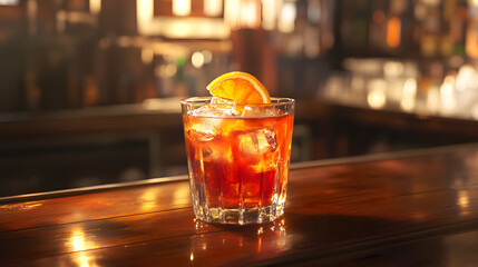 Aperol spritz cocktail in an elegant glass, sitting on the bar
