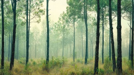 Fototapeta premium Misty Pine Forest Enchantment: A Serene Landscape in Nature's Embrace