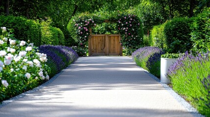 Fototapeta premium Garden Pathway Leads to Wooden Gate Adorned with Roses
