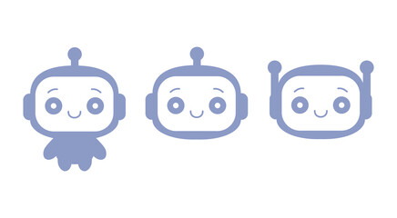 Ai chat bot icon set, chatbot smiling heads set, artificial intelligence bots, cute  online robot in cartoon style, vector illustration.