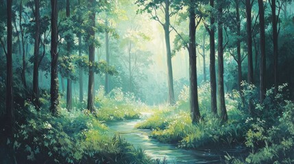 Obraz premium Enchanted Forest Stream: A Serene Painting of Nature's Beauty