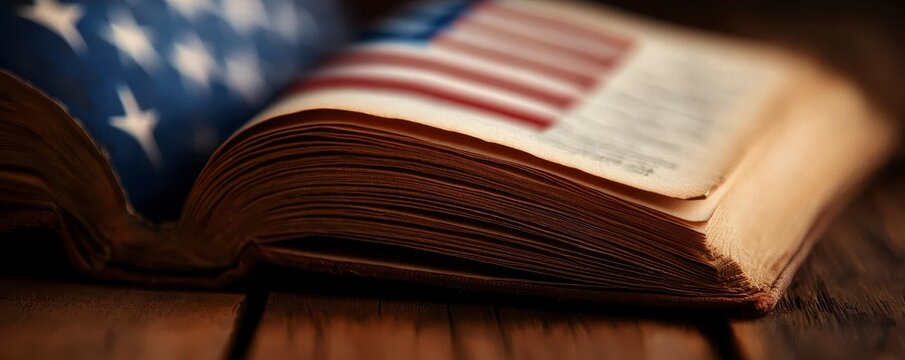 Open Old Book with American Flag Overlay