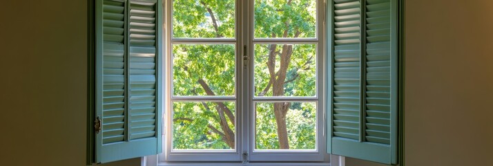 Fototapeta premium Green shutters partially open reveal a leafy window view