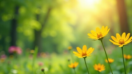 Fototapeta premium Golden Sunlit Meadow Vibrant Yellow Flowers Basking in Warm Light, Soft Focus Background of Lush Greenery