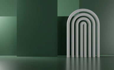Modern architectural design featuring a series of arches in a green-toned minimalist space. 3d