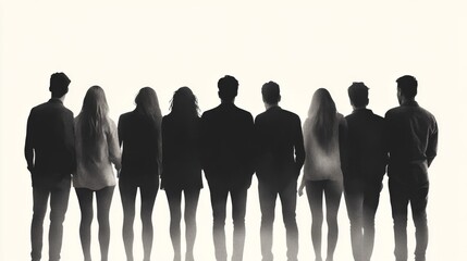 Silhouetted group walking, bright background, teamwork concept