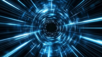 Obraz premium Glowing tunnel mystical motion concept. A dynamic, abstract image showcasing blue light beams radiating from a central point, creating a sense of depth and motion in a dark background.