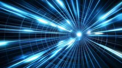 Obraz premium Glowing tunnel mystical motion concept. A futuristic, blue-themed abstract image depicting light beams radiating outward, creating a sense of motion and depth.