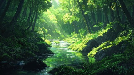 Serene Forest River: A Digital Painting of Tranquil Nature