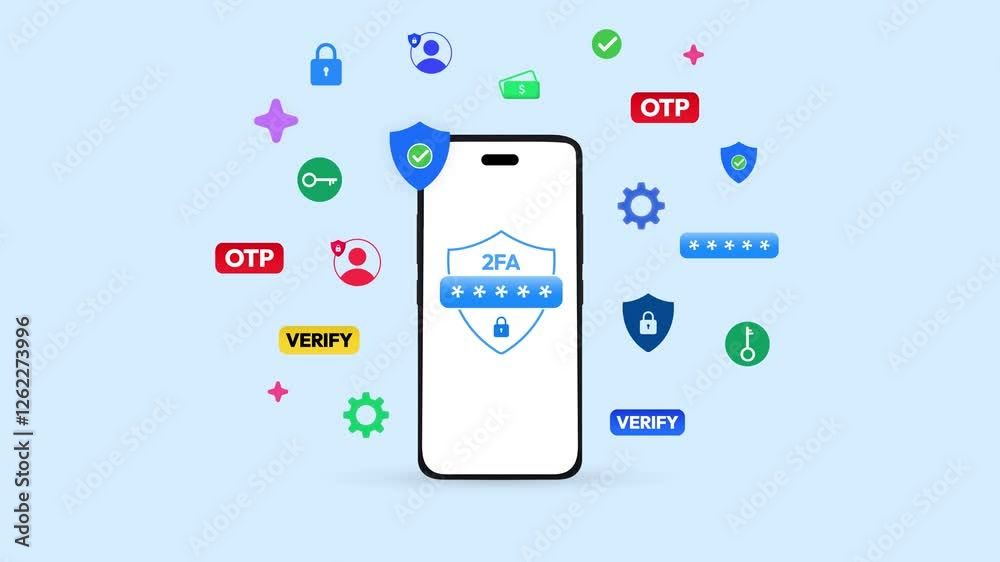 Poster 2 factor authentication through smartphone device 4k animation with infographics floating. protected