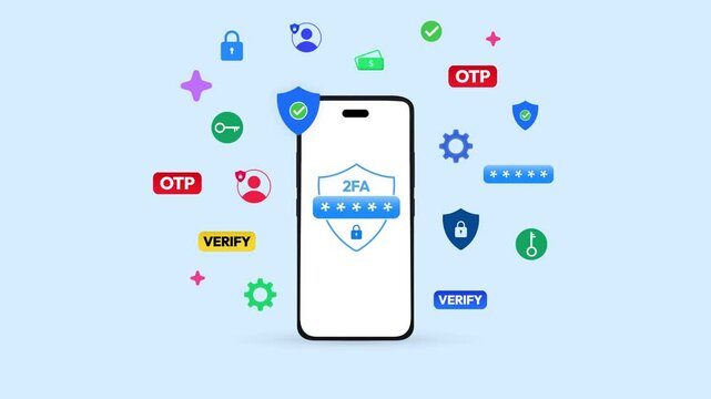 2 Factor Authentication through smartphone device 4k animation with infographics floating. Protected, secure, one time code, lock, login alert.