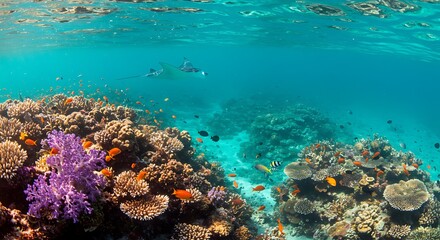 Fototapeta premium A manta ray gracefully glides over a vibrant coral reef in the ocean.