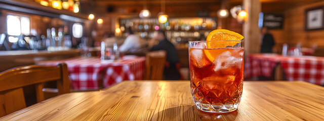 Aperol spritz cocktail in an elegant glass, sitting on the bar
