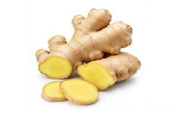 Fresh ginger root with a rough tan skin and bright yellow interior, partially sliced to showcase its aromatic flesh.