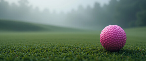 pink golf ball on a misty golf course with blurred trees
