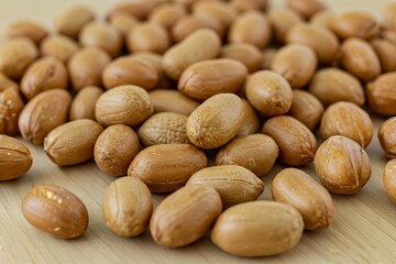 Obraz premium A close-up view of a scattered pile of brown-skinned peanuts on a wooden surface.