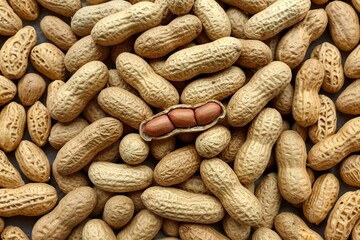 A close-up of various shelled peanuts, with one peanut split open to reveal two brown seeds inside.