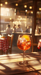 Aperol spritz cocktail in an elegant glass, sitting on the bar
