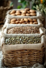 Obraz premium Assorted Nuts and Seeds in Natural Baskets on Wooden Table Surrounded by Greenery, Perfect for Healthy Food and Natural Lifestyle Photography