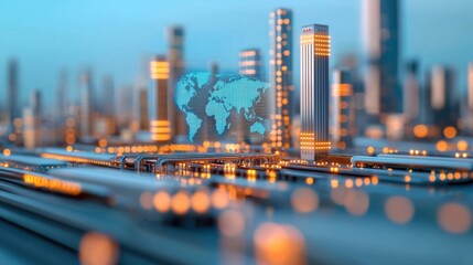 A cityscape with glowing digital world map overlay, showcasing urban innovation and connectivity.