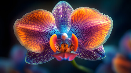 A breathtaking macro photography of an exotic orchid in full bloom, where every curve and vein of its velvety petals is captured with awesome clarity and a spectrum of vivid colors.
