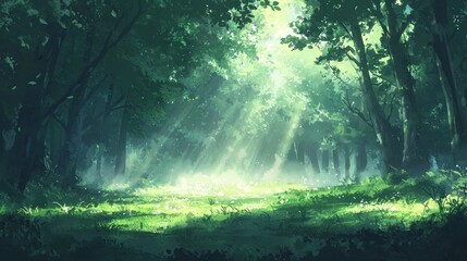 Obraz premium Sunbeams in the Enchanting Forest: A Digital Painting of Tranquil Nature