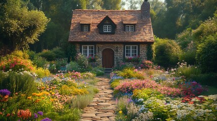 Naklejka premium Rustic farmhouse with a vibrant garden full of blooming flowers 
