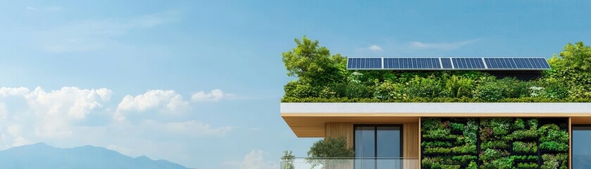 Fototapeta premium Green Technology and Sustainable Innovation for Eco-Friendly Solutions, Modern building with solar panels and greenery against a bright blue sky.