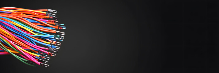 A server room filled with exposed wiring and a tangle of colored network cables wide banner - black background