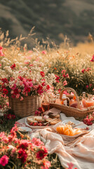 Fototapeta premium A romantic picnic setup in a meadow filled with vibrant red and pink flowers, with eco-friendly baskets and biodegradable cutlery 