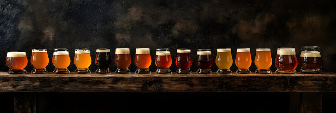 An array of craft beers presented on a rustic wooden table wide banner - black background