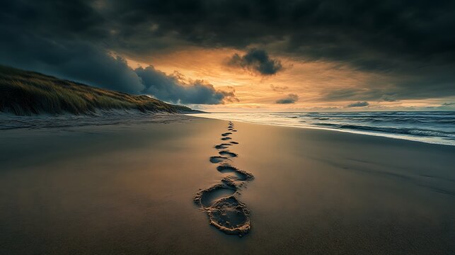 A deserted beach with a single footprint trl leading to the water, captured under a moody sky.