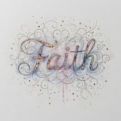 A delicate watercolor painting of the word 'Faith' in elegant calligraphy, white background