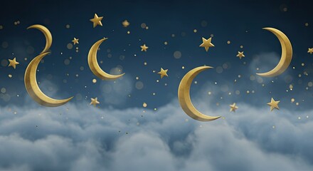 Fototapeta premium Celestial Dreamscape: A serene and enchanting 3D rendering of golden crescents and shimmering stars amidst a backdrop of fluffy clouds. Perfect for evoking a sense of tranquility and wonder. 