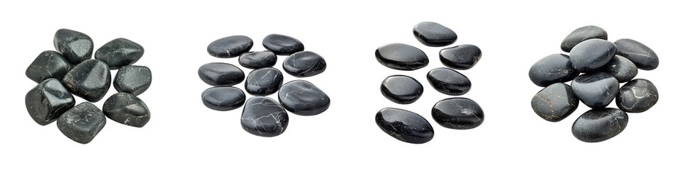 Set of Smooth Black Pebbles with Wet Finish Isolated on Transparent Background