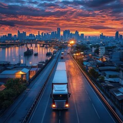 Fototapeta premium Truck driving on highway at sunset with vibrant city skyline illuminating in the background, creating a stunning view.