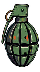 Detailed illustration of a hand grenade with worn paint and rustic texture in a minimalistic style on transparent background 